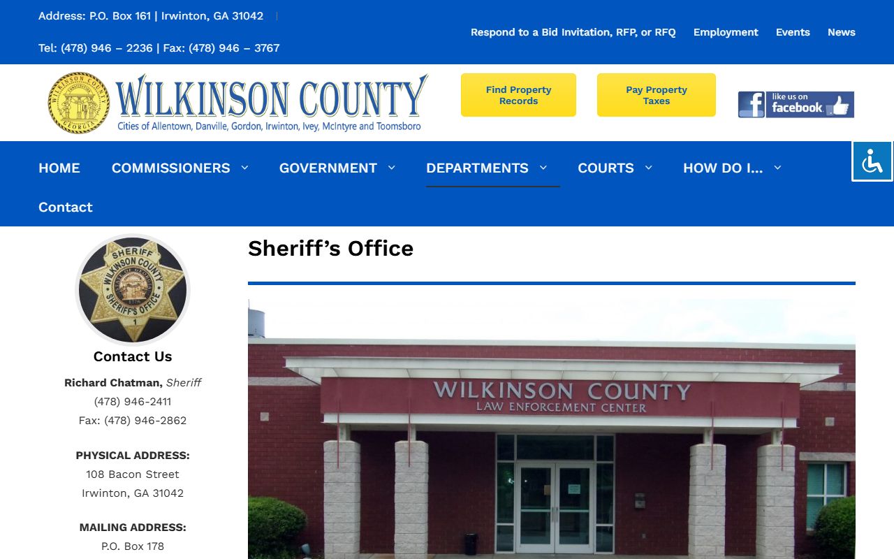Wilkinson County Sheriff's Office page showing jail contact information